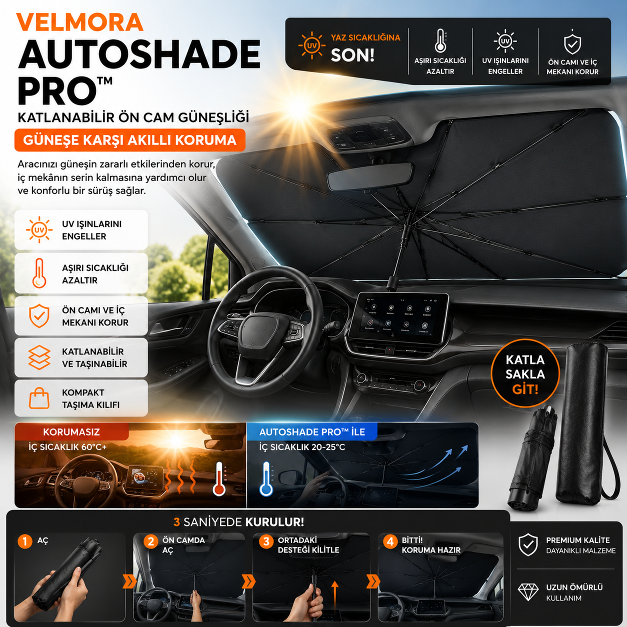 Velmora AutoShade Pro™ | Katlanabilir Araç Ön Cam Güneşliği