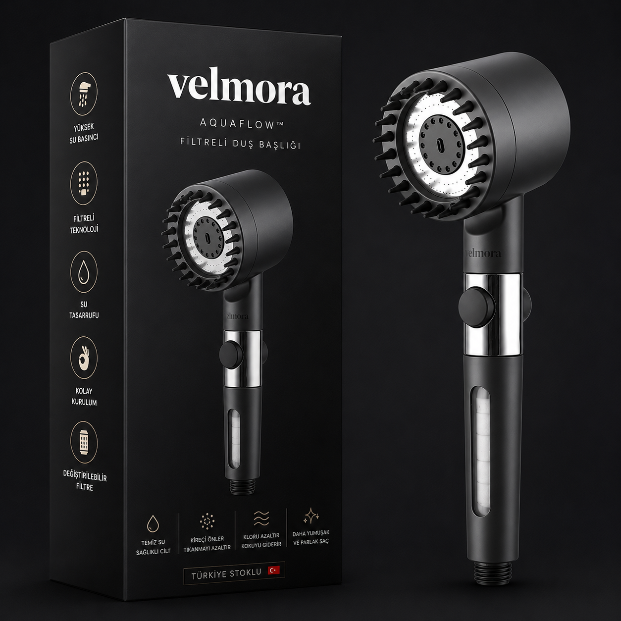 Velmora AquaFlow™ Yüksek Basınçlı Filtreli Duş Başlığı